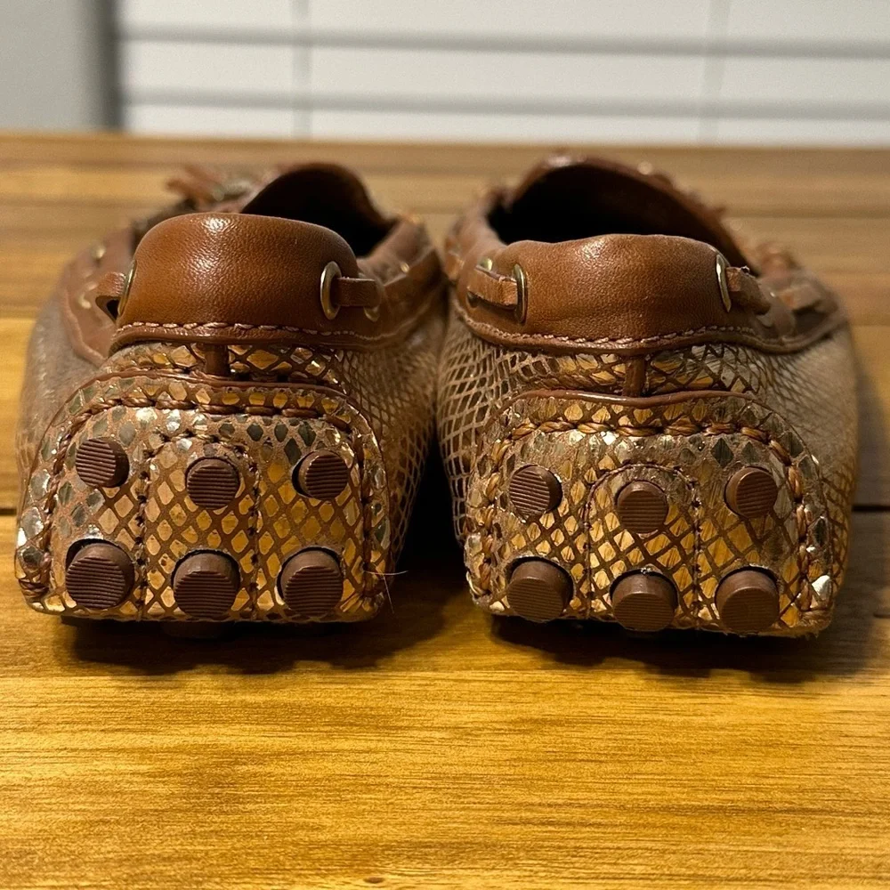Tory Burch Lawrence Tassel Driver Loafers in Gold and Brown - Size 6
